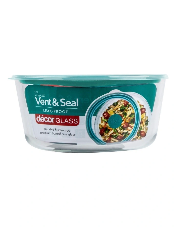 Decor Vent & Seal 1.5L Glass Round Food Storage Teal