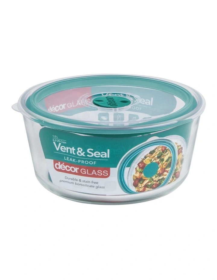 Decor Vent & Seal 1.5L Glass Round Food Storage Teal - Image 2