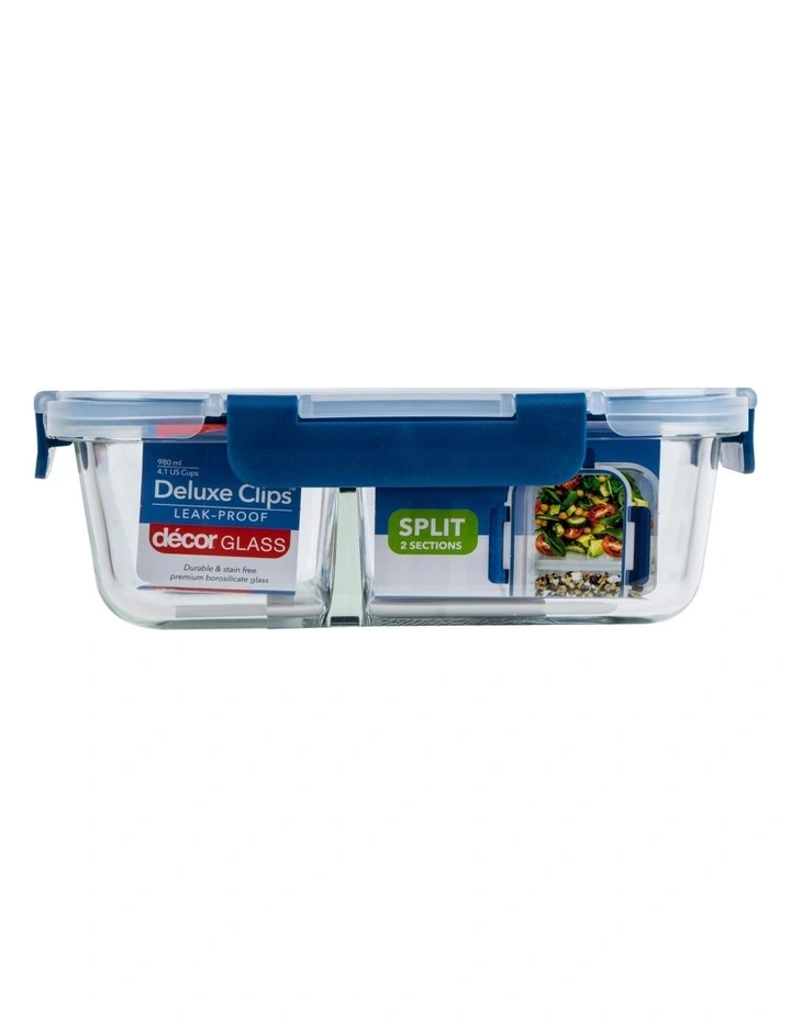 Decor Deluxe Clips 980ml Glass Split Oblong Food Storage Blue 1 Decor Deluxe Clips 980ml Glass Split Oblong Food Storage Blue