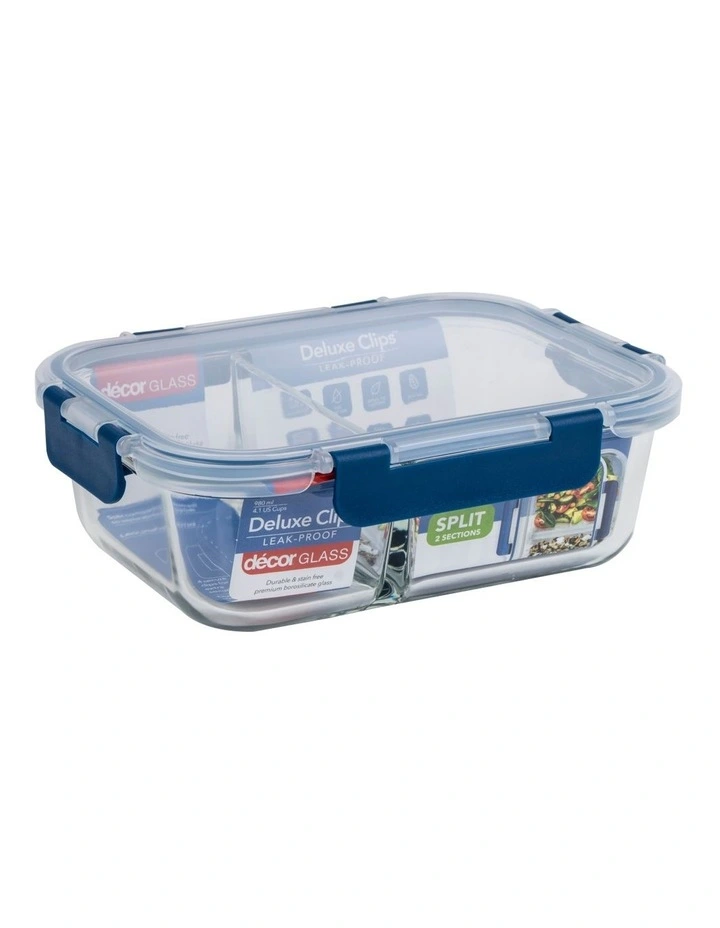 Decor Deluxe Clips 980ml Glass Split Oblong Food Storage Blue 2 Decor Deluxe Clips 980ml Glass Split Oblong Food Storage Blue - Image 2
