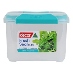 Decor Fresh Seal Clips 1.4L Square Food Storage Clear/Teal