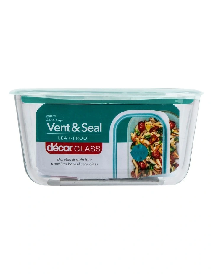 Decor Vent & Seal 600ml Glass Oblong Food Storage Clear/Teal