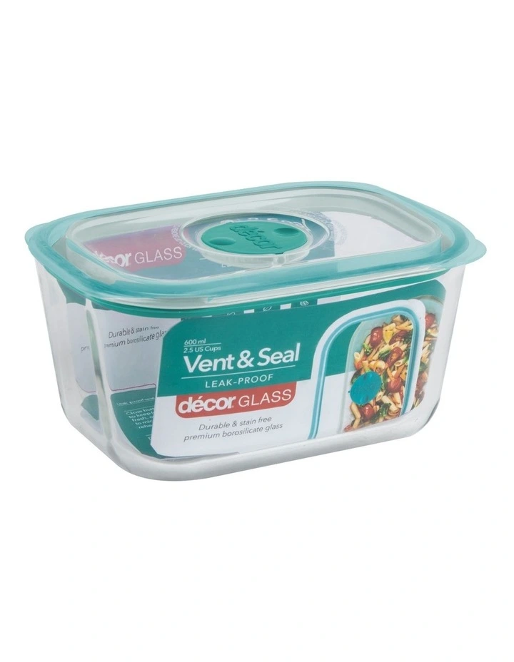 Decor Vent & Seal 600ml Glass Oblong Food Storage Clear/Teal - Image 2