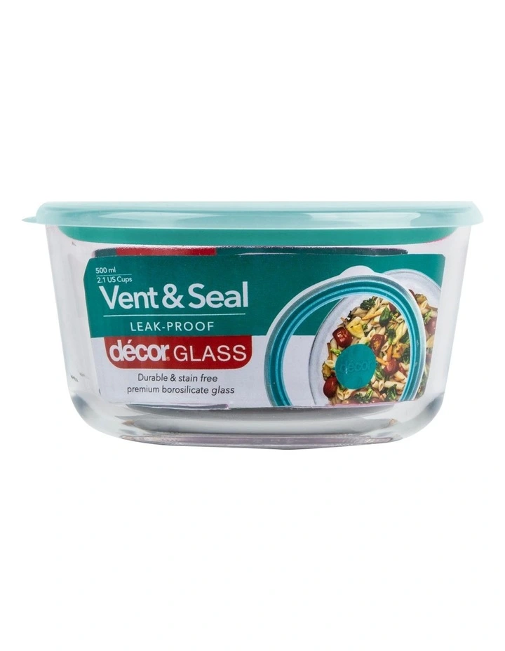 Decor Vent & Seal 500ml Glass Round Food Storage Clear/Teal