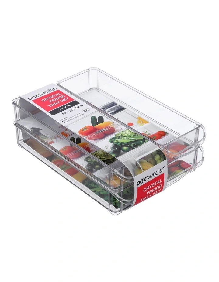 BOXSWEDEN 3PK 30x20cm Crystal Fridge/Pantry Kitchen Food BPA Free Tray Clear