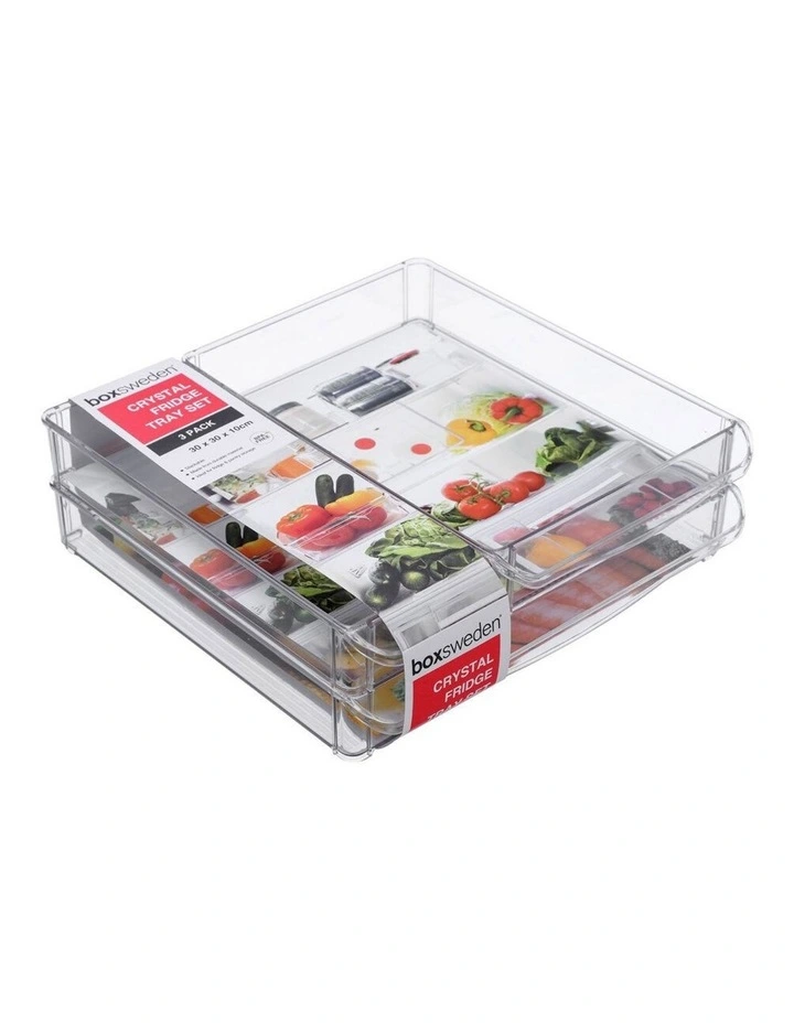 BOXSWEDEN 3PK 30x30cm Crystal Fridge/Pantry Kitchen Food BPA Free Tray Clear