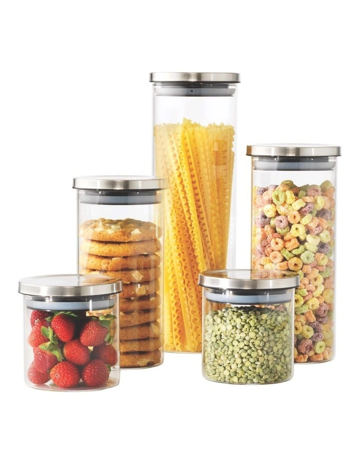 The Cooks Collective Airtight Glass Canisters With Stainless Steel Lid Set Of 5 In Clear