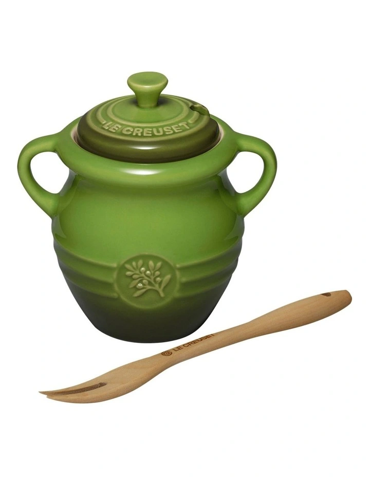 Le Creuset Olive Jar & Fork In Green