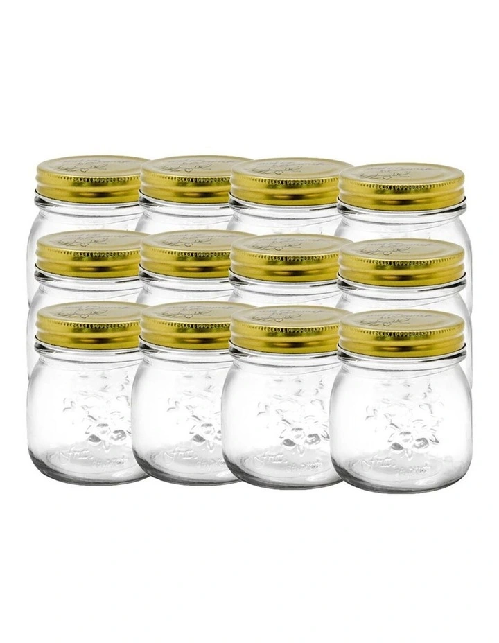 LEMON AND LIME 12PK 300ml Roma Glass Jars Preserve Jar Container W/ Gold Lids