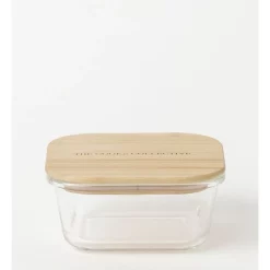 The Cooks Collective Square Bamboo And Glass Storage Canister With Lid 320ml